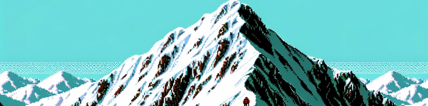 Pixel-art climber at the base of a snowy mountain